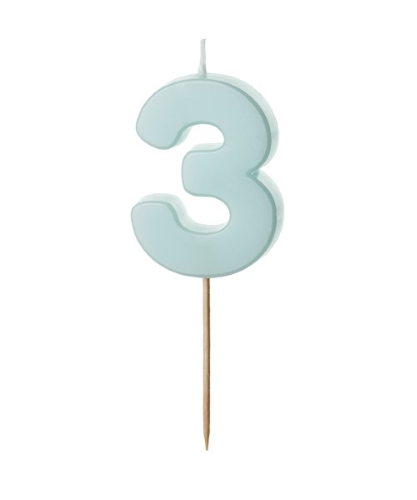 [SCU10-3-001J] 1 Bougie Bleu numéro " 3 " de 5.5 cm 